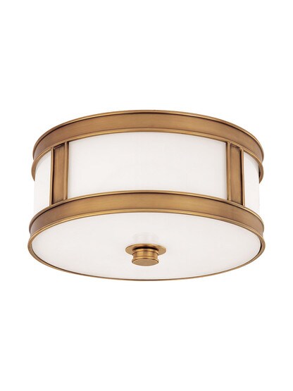 Patterson 13 inch Flush Ceiling Fixture In Aged Brass.